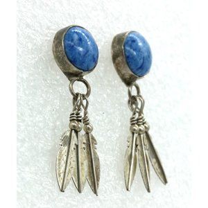 925 STERLING Native American style blue soladite & feathers earrings VINTAGE